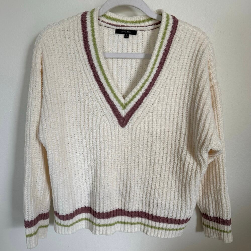 Love Tree V-Neck Sweater Striped‎ Cozy Soft Long Sleeve Women’s Size Large